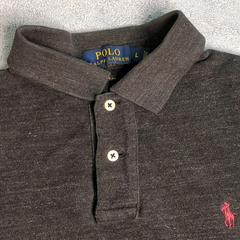 Ralph Lauren Polo Shirt Mens Large Charcoal Custom Fit Red Pony 100% Cotton